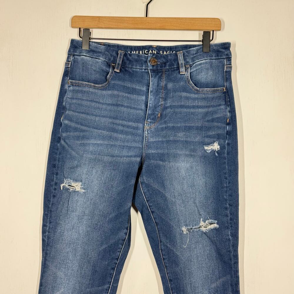 American Eagle Curvy Hi Rise‎ Jeans Size 12 Short Blue Denim Distressed Jegging - Picture 3 of 10